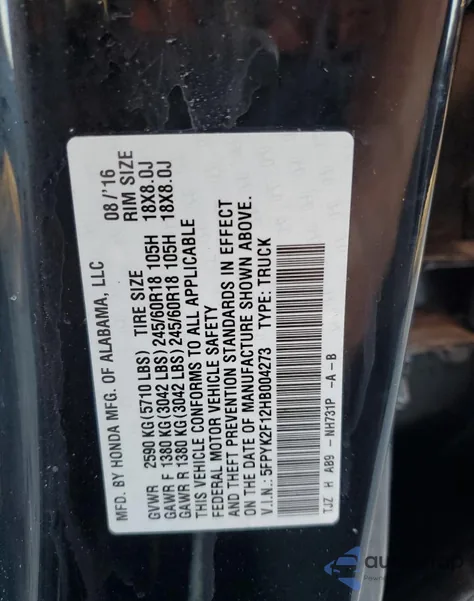 2017 Honda Ridgeline Sport from USA, damaged, VIN 5FPYK2F12HB004273